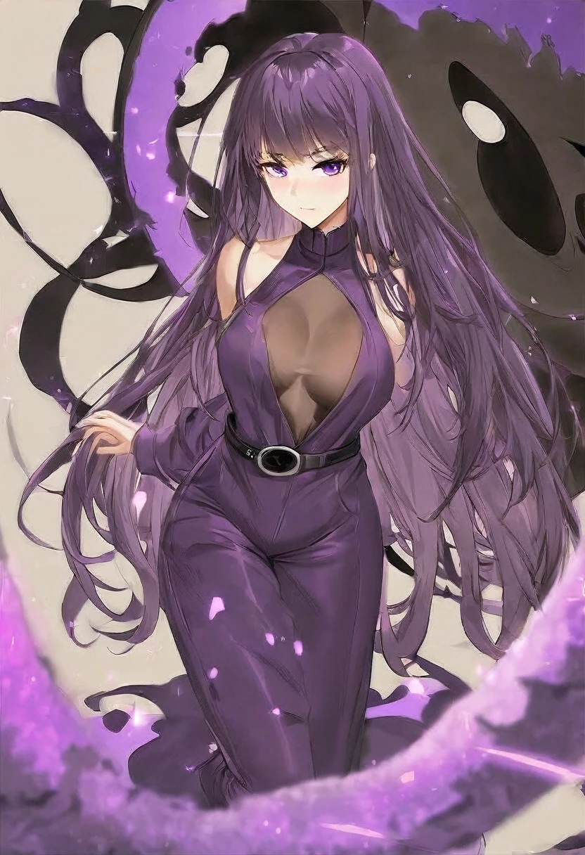 Athena,Purple one-way slightly messy long hair,Purple Eyes,Purple jumpsuit,But the jumpsuit is sexy,Wearing a sexy purple trench coat,barefoot,A black hole in the universe,Purple and black black hole,Draw a good look,Normal body proportions