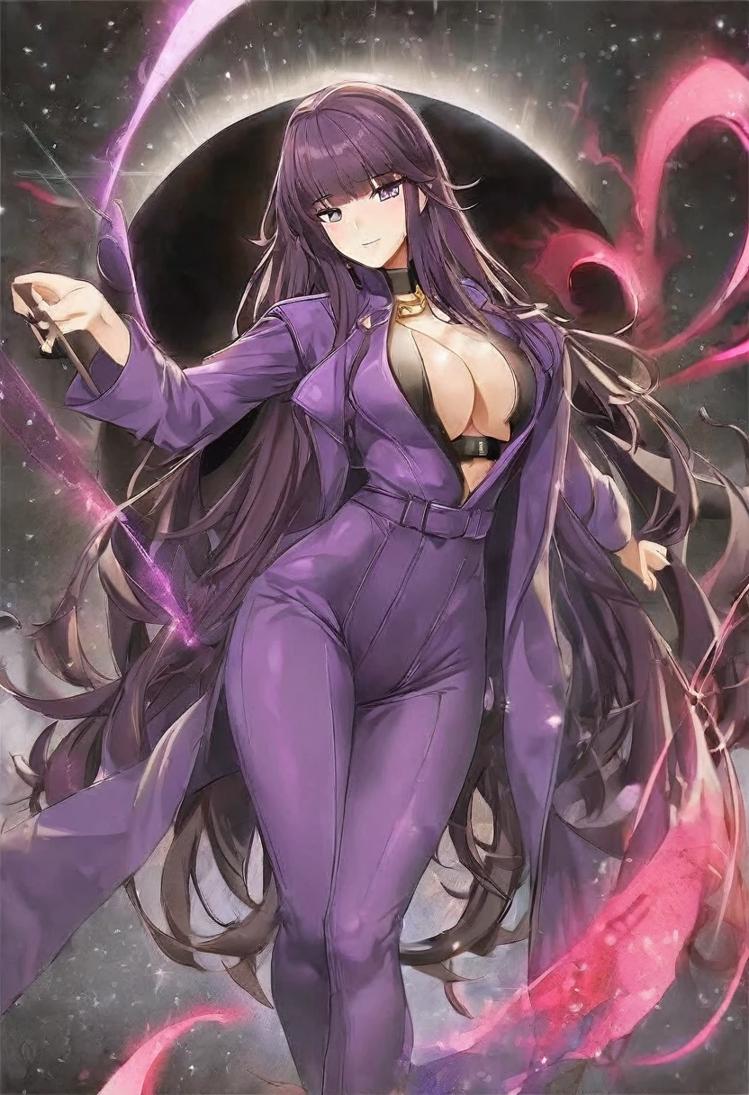 Athena,Purple one-way slightly messy long hair,Purple Eyes,Purple jumpsuit,But the jumpsuit is sexy,Wearing a sexy purple trench coat,barefoot,A black hole in the universe,Purple and black black hole,Draw a good look,Normal body proportions