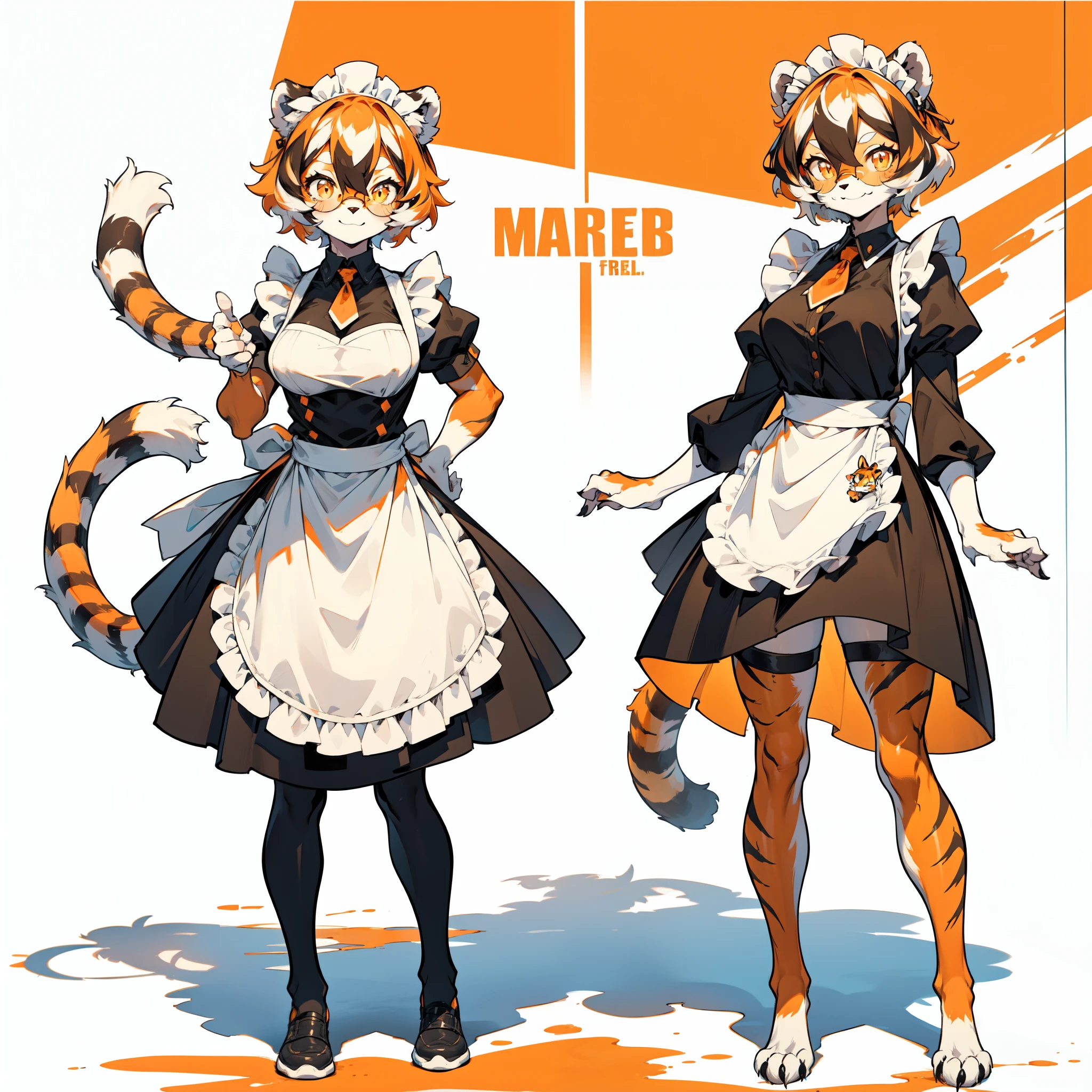 white background, full body, ((furry female:1.2)), Standing, animal ears, white hair, black hair, short hair, large breasts, muscle, tail, orange eyes, orange hair, multicolored hair, tiger girl, hair between eyes, tiger_ears, tiger_tail, orange-tinted_eyewear, tinted_eyewear, big breasts, evil smile, Shadows under feet, Abdominal muscles, (((maid, outfit:1.2))),
