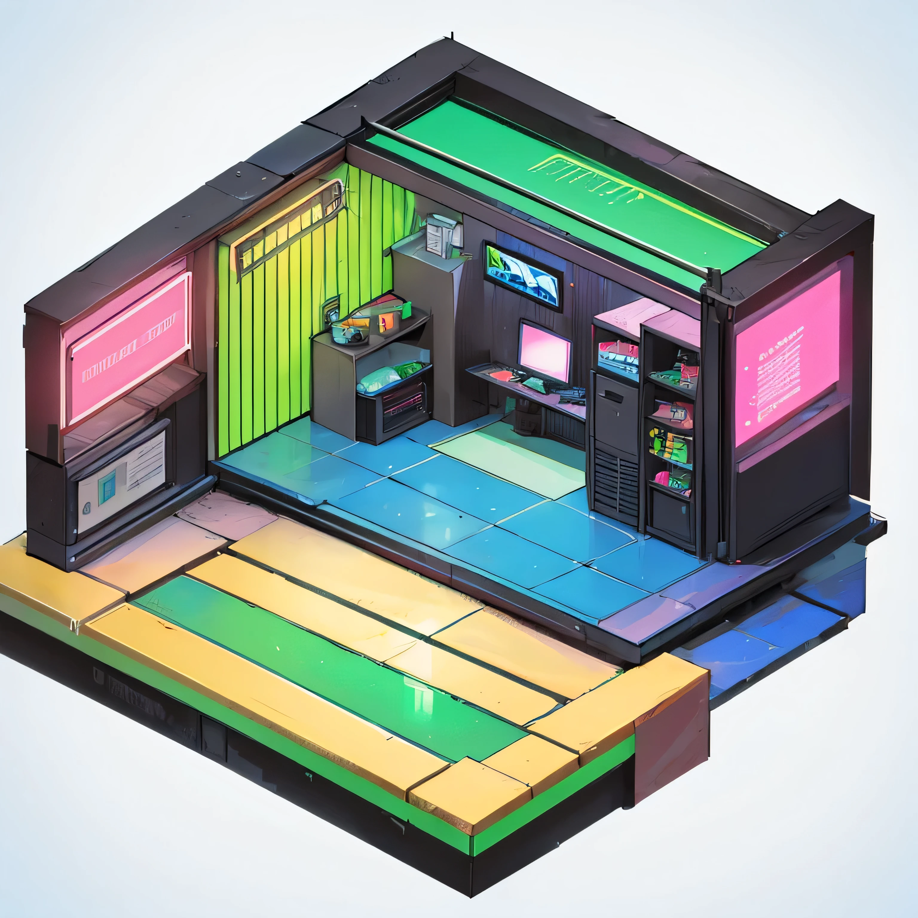 Isometric Office, NO PEOPLE, Neon color, comic style, outline style, best quality