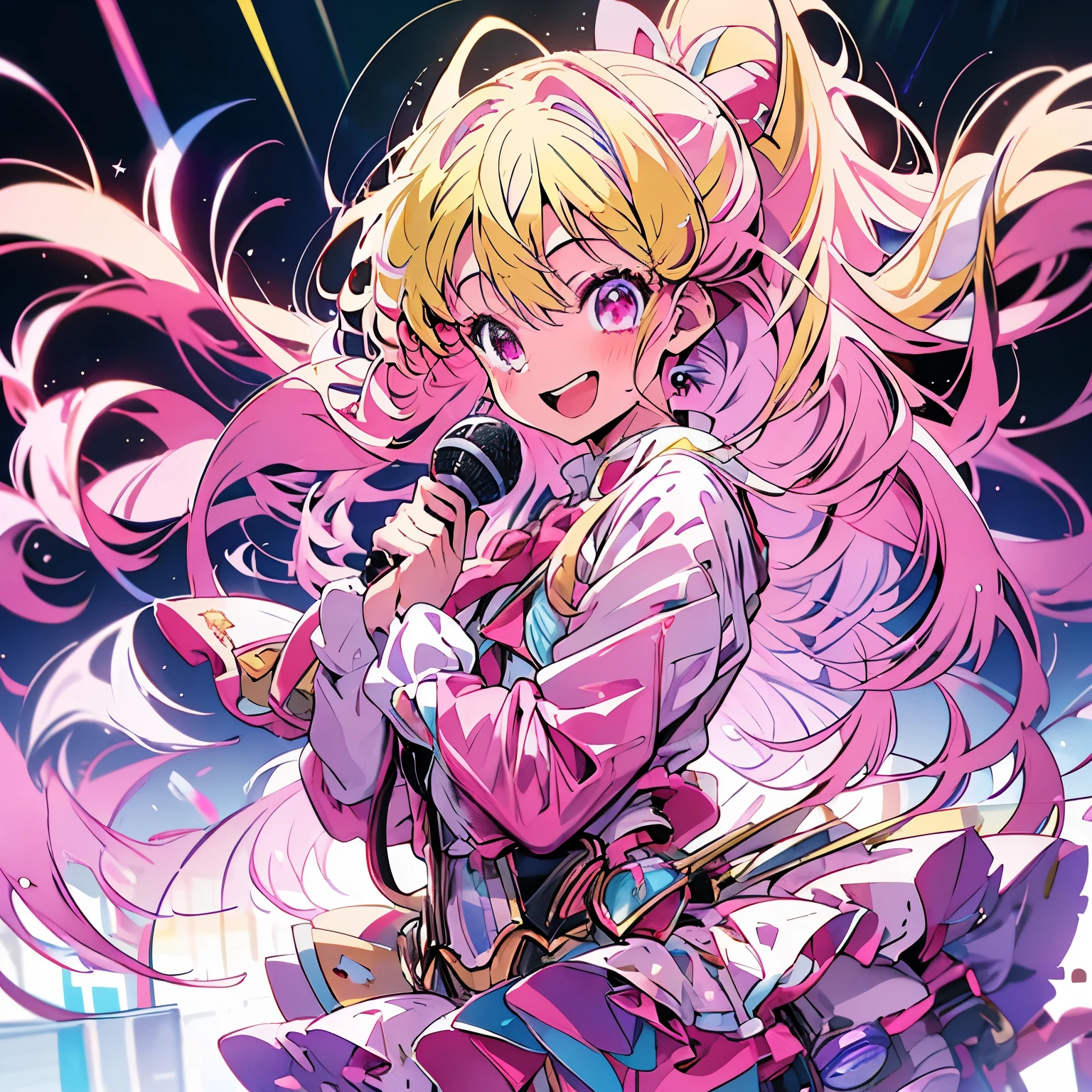 masterpiece、Cute Anime Girl、Hoshino Ruby、Yellow Hair、Long Hair、Pink eyes、Pink outfit、Ribbon on head、(((Hold the microphone)))、smile、Shining Background、Starry Ski、Upper Body