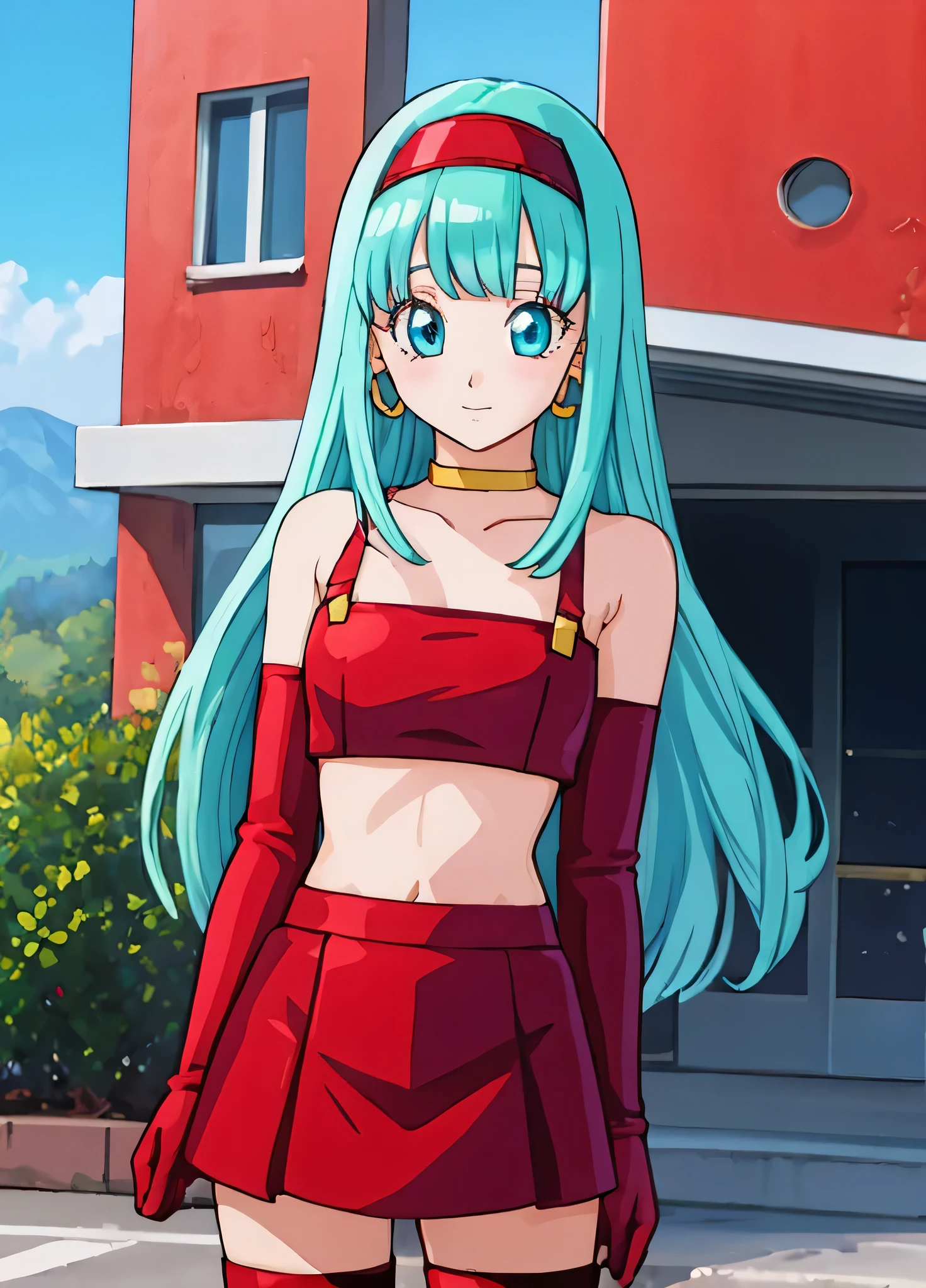 masterpiece, best quality, best quality, lifelike, perfect anatomy, perfect face, perfect eyes,
aqua hair, brabladbgt, red headband, red gloves, Red cropped top,  blue eyes, skirt, hoop earrings, collar, 1 girl, outdoor, sexy pose