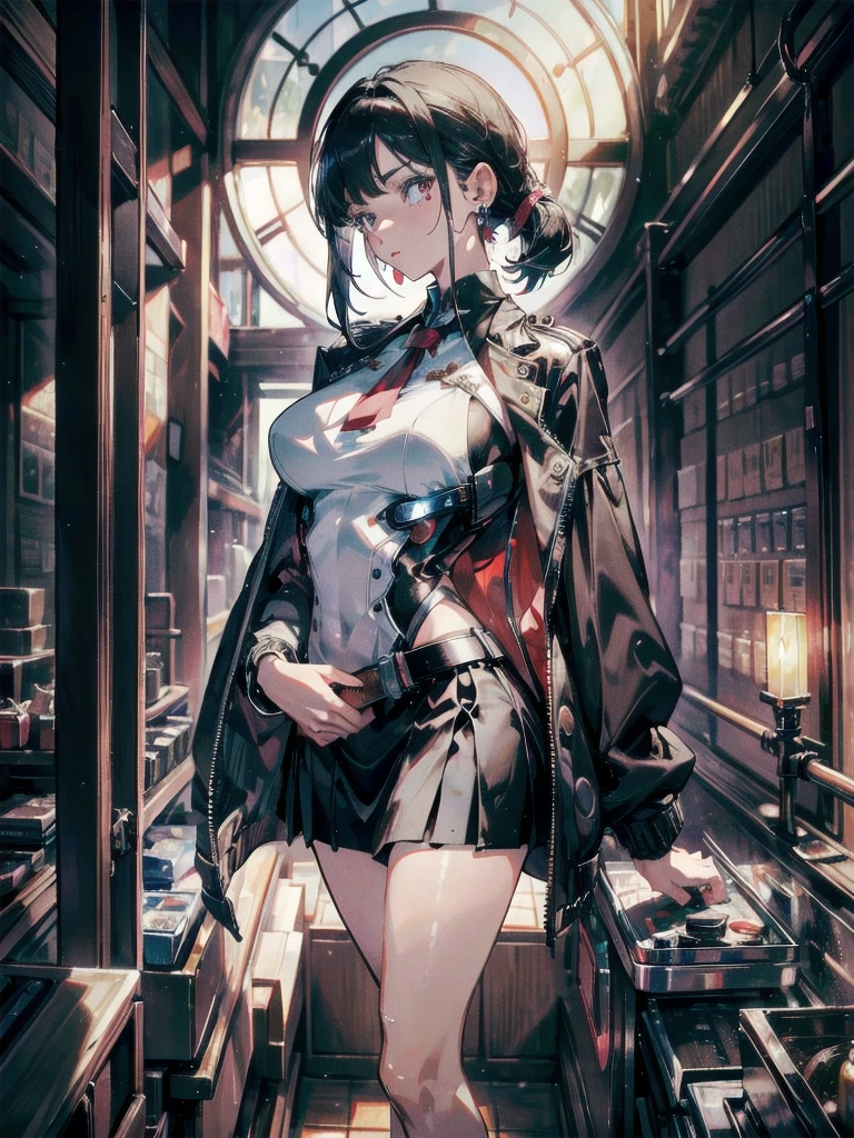 absurdres, RAW photo, extremely delicate and beautiful, masterpiece, Best Quality, ultra high resolution, 32k, hyperrealistic, ultra-detailed, perfect anatomy, super Detailed skin, perfect figure, Super Beauty, Perfect Style, Perfect balance, in her 20s, very Slim body, narrow waist, very small head, very small face, delicate facial features, tearful mole, earring, very huge round breasts, bare legs, medium hair, whole body shot, business suit, Jacket, blouse, short skirt, holding two katanas, Organic-Mechanical Temple, indoor,