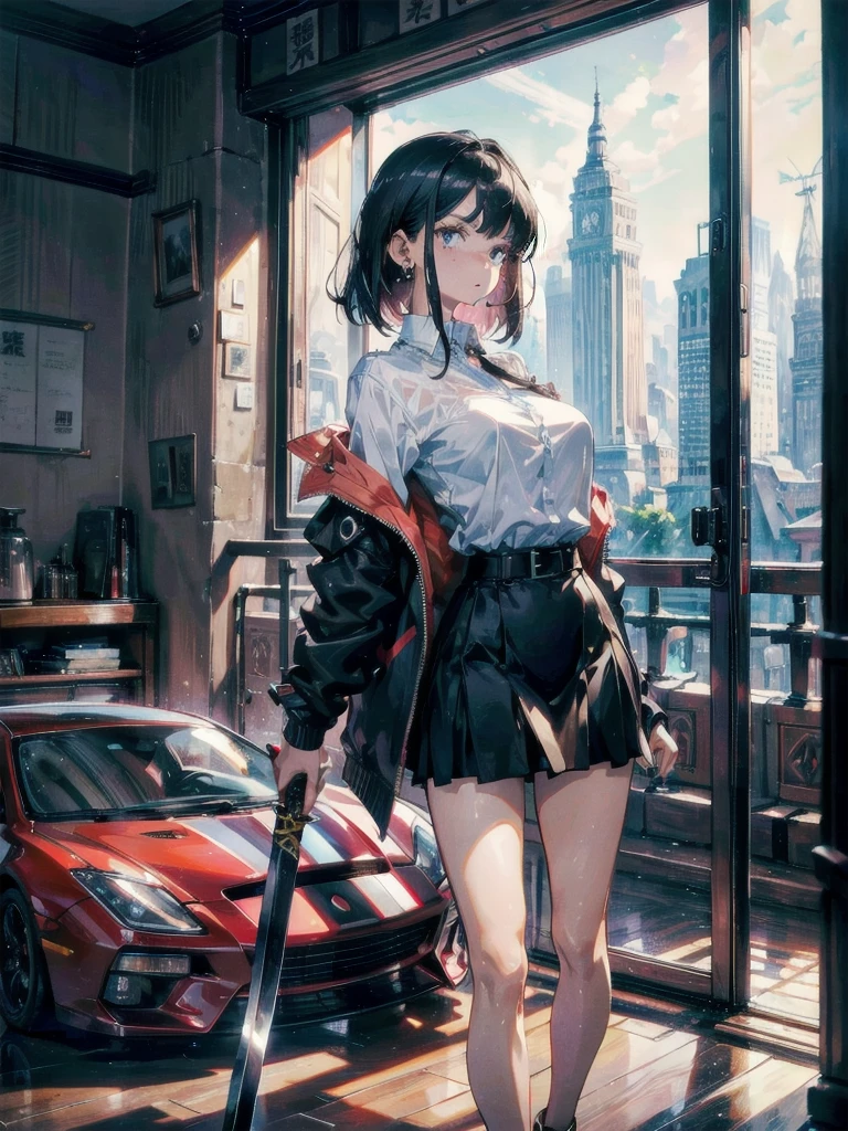 absurdres, RAW photo, extremely delicate and beautiful, masterpiece, Best Quality, ultra high resolution, 32k, hyperrealistic, ultra-detailed, perfect anatomy, super Detailed skin, perfect figure, Super Beauty, Perfect Style, Perfect balance, in her 20s, very Slim body, narrow waist, very small head, very small face, delicate facial features, tearful mole, earring, very huge round breasts, bare legs, medium hair, whole body shot, business suit, Jacket, blouse, short skirt, holding two katanas, Organic-Mechanical Temple, indoor,