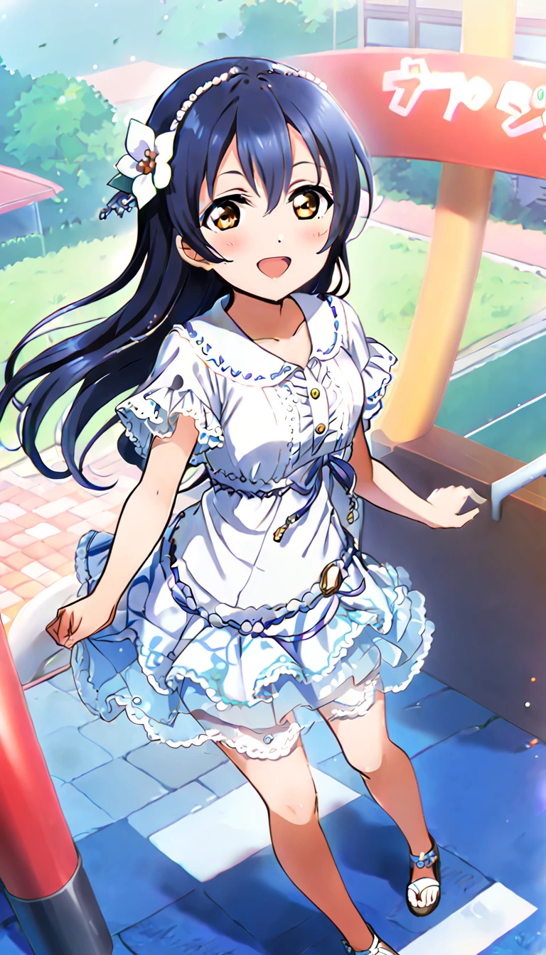 One girl, Umi Sonoda's whole body, wearing clothes for going out in the city in midsummer, id_umi_sonoda, town background