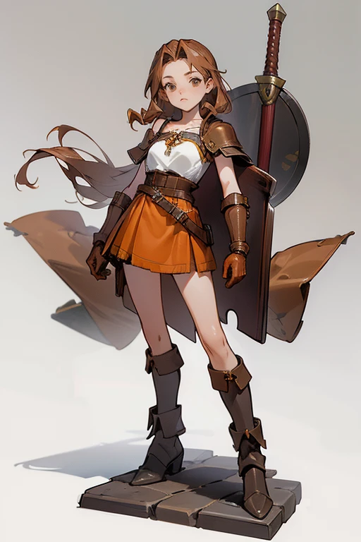 ((1 masterpiece, high resolution, best quality, 4k quality)), beautiful imagen, same character, 1 girl, solo, adventurers, medium breasts, golden almond eyes, long brown hair, drill hair, hip bones, collarbone, skirt, school skirt, blouse, school blouse, ((leather armor)), leather gloves, asymmetrical gloves, leather boots, asymmetrical footwear, heeled boots, shoulder armor, ((single shoulder)), leather corsette, chest harness, open legs, full body, standing, pride pose, simple background, gray background, 