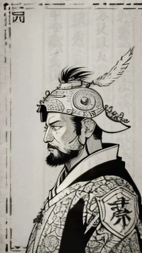 ((Monochrome))、((Ancient Chinese Armor Men))、(A helmet with a single feather on top))、Highest quality、masterpiece、Ultra-high resolution、(Realistic:1.4)、Game Poster、Three Kingdoman with a beard,Oriental、