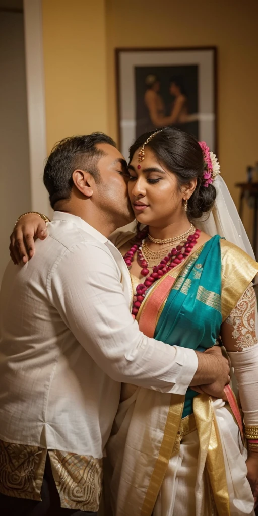 a  50-year-old shirtless man  affectionately hugging and kissing aradiant, full-figured South Indian plus-sized 30 year old teacher wearing a off white silky saree in  dressing room, captured in a full-body image with vibrant hues and meticulous details. Full body image
