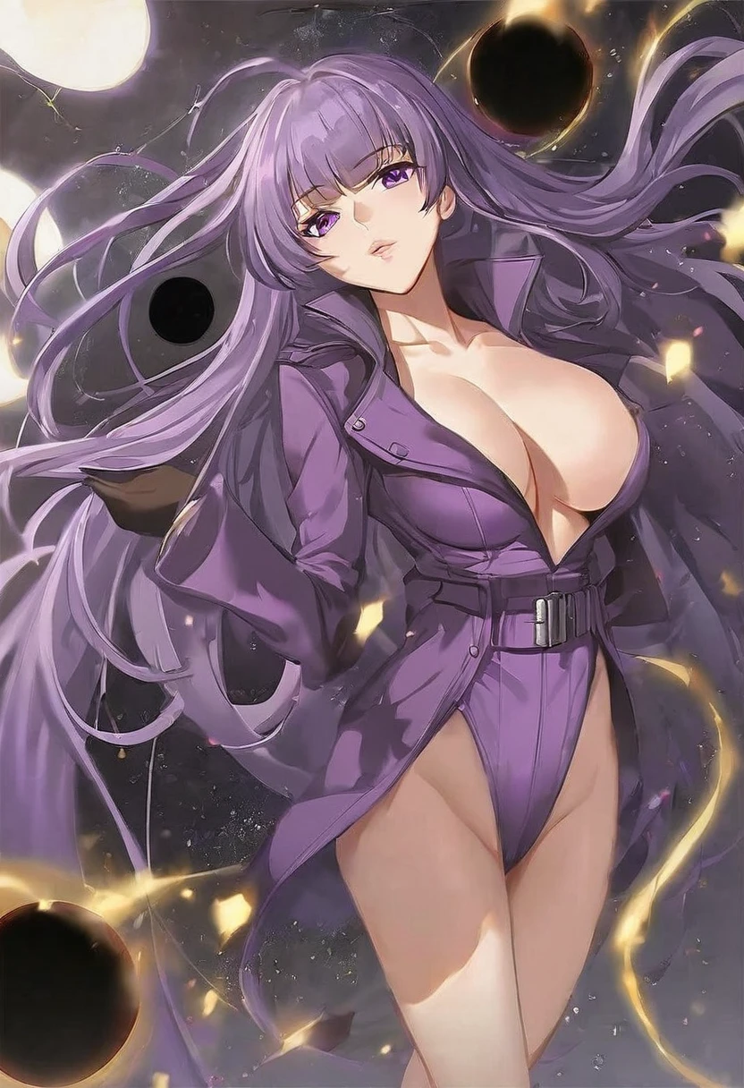 Athena，Purple one-way slightly messy long hair，Purple Eyes，Purple jumpsuit，But the jumpsuit is sexy，Wearing a sexy purple trench coat，barefoot，A black hole in the universe，Purple and black black hole，Draw a good look，Normal body proportions