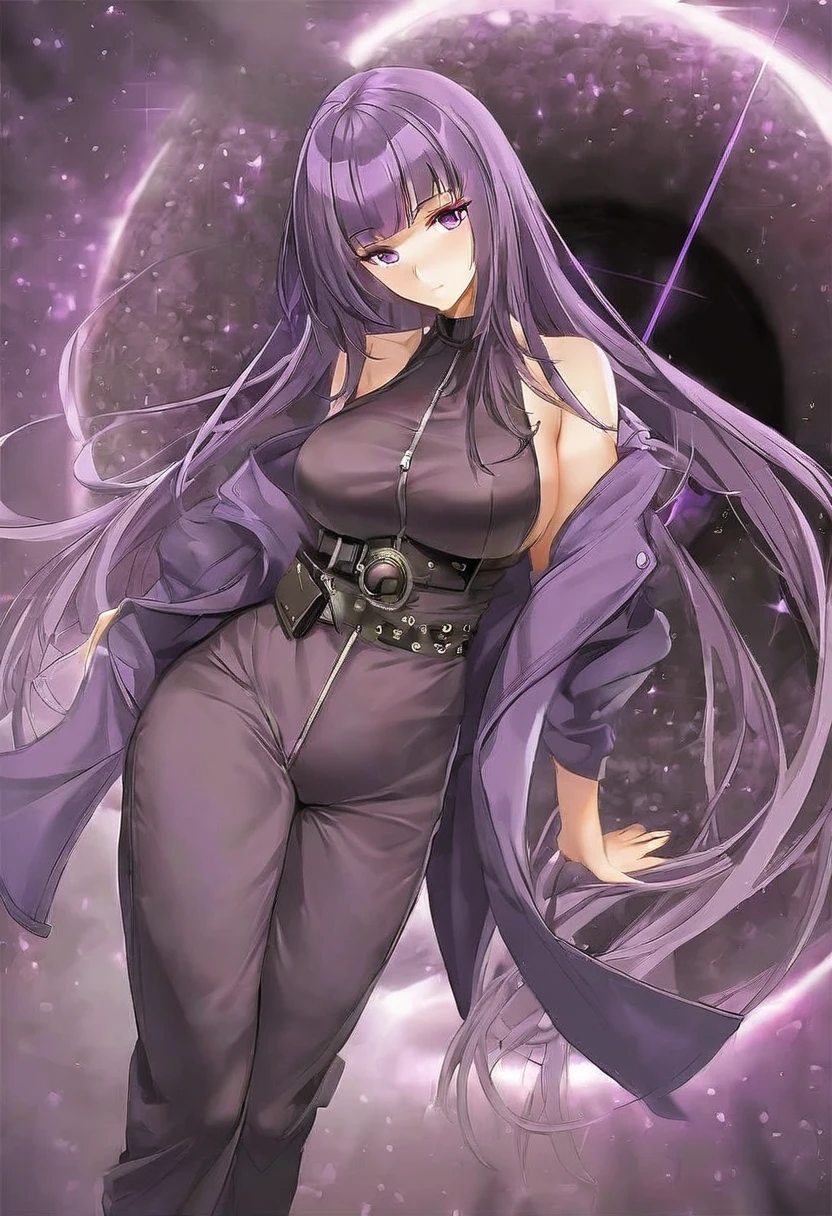 Athena,Purple one-way slightly messy long hair,Purple Eyes,Purple jumpsuit,But the jumpsuit is sexy,Wearing a sexy purple trench coat,barefoot,A black hole in the universe,Purple and black black hole,Draw a good look,Normal body proportions