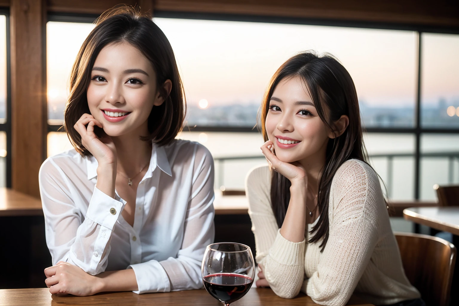 ((Highest quality、8K、masterpiece:1.3))、Shortcuts、cute、slimカップル、modelカップル、actress男優、(Realistic, Intricate details:1.2), full-course dinner、Wine Party、Amazing view of the sunset sky and clouds、A bright smile、short hair,Bright Face、 (Age 45), 42 years old, red wine 、Appetizers、Italian food、Wine bottle、Champagne、sparkling wine、Two beauties、Brown Hair、Shortcuts、Long sleeve shirt、dress、Beautiful woman 1, (slimな顔), (The body is slim), (Brown Hair), (Shortcuts), cheeks turn a little red,Attractive beauty、restaurant, In a prominent place (From the waist up) Nova Frog Style, actress, model, Upper Body, White wine, slim, wine glass, 中央に置かれたwine glass, smile, (smile: 1.15), Beautiful fine grain, Depth f/2,saturation, High Contrast, Strong light and shadow,Moist Body:1.5、3D texture、Delicate eyes、Brown Hair、The hair is very shiny、