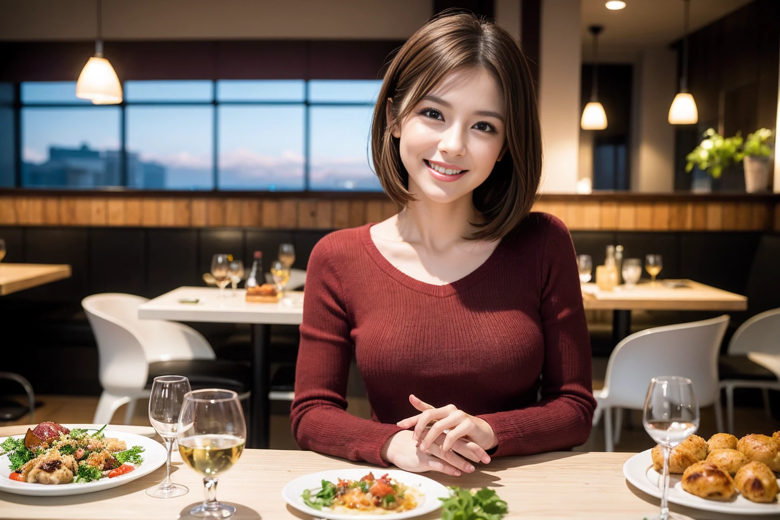 ((Highest quality、8K、masterpiece:1.3))、Shortcuts、cute、slimカップル、modelカップル、actress男優、(Realistic, Intricate details:1.2), full-course dinner、Wine Party、Amazing view of the sunset sky and clouds、A bright smile、short hair,Bright Face、 (Age 45), 42 years old, red wine 、Appetizers、Italian food、Wine bottle、Champagne、sparkling wine、Two beauties、Brown Hair、Shortcuts、Long sleeve shirt、dress、Beautiful woman 1, (slimな顔), (The body is slim), (Brown Hair), (Shortcuts), cheeks turn a little red,Attractive beauty、restaurant, In a prominent place (From the waist up) Nova Frog Style, actress, model, Upper Body, White wine, slim, wine glass, 中央に置かれたwine glass, smile, (smile: 1.15), Beautiful fine grain, Depth f/2,saturation, High Contrast, Strong light and shadow,Moist Body:1.5、3D texture、Delicate eyes、Brown Hair、The hair is very shiny、