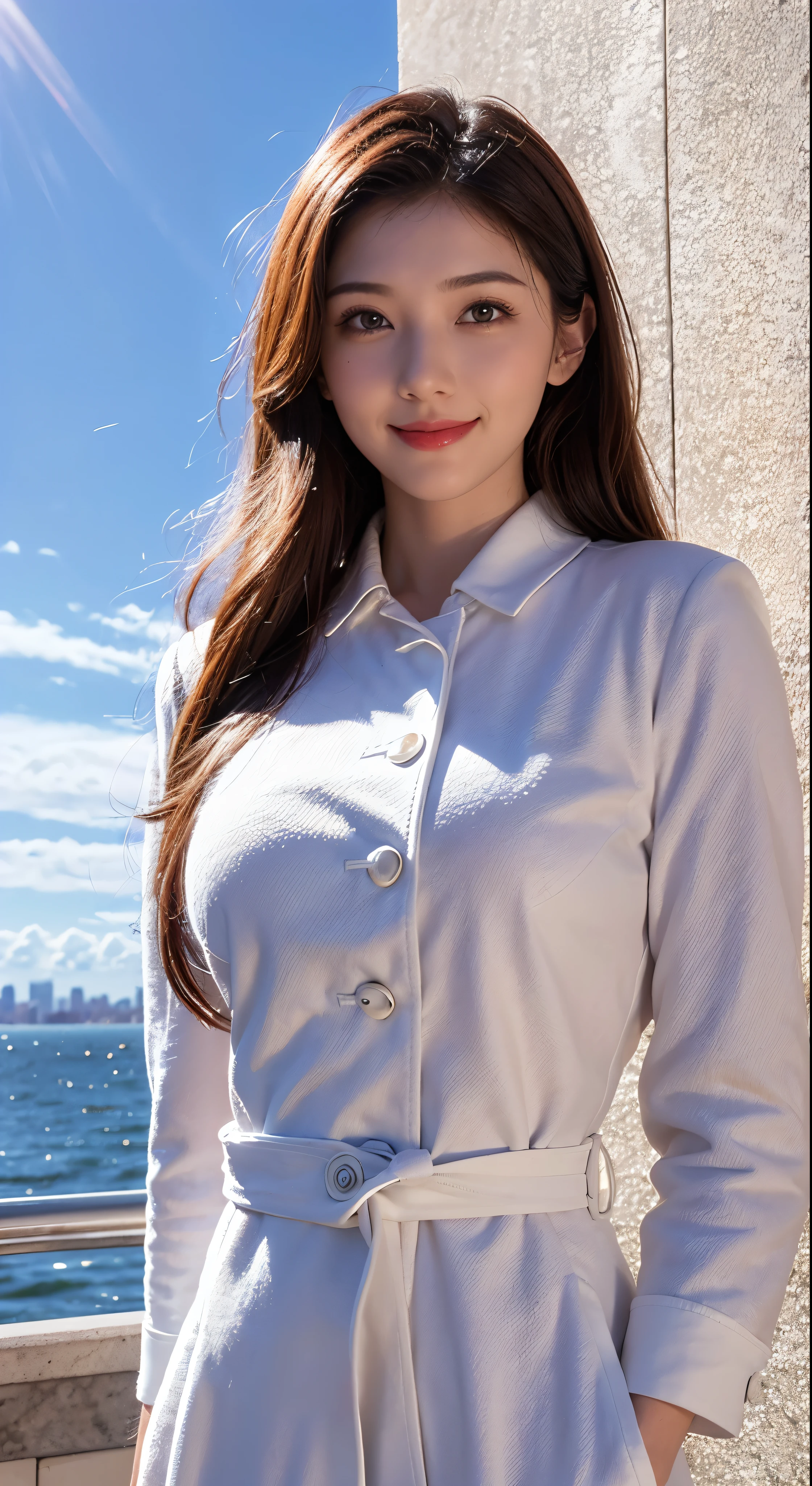 with high definition images，View of the Statue of Liberty in New York from the rooftop，Beautiful woman smiling and looking at camera，Beautiful woman in a white coat and red dress（Full body high quality images）A sunny, cloudless day，Facial details