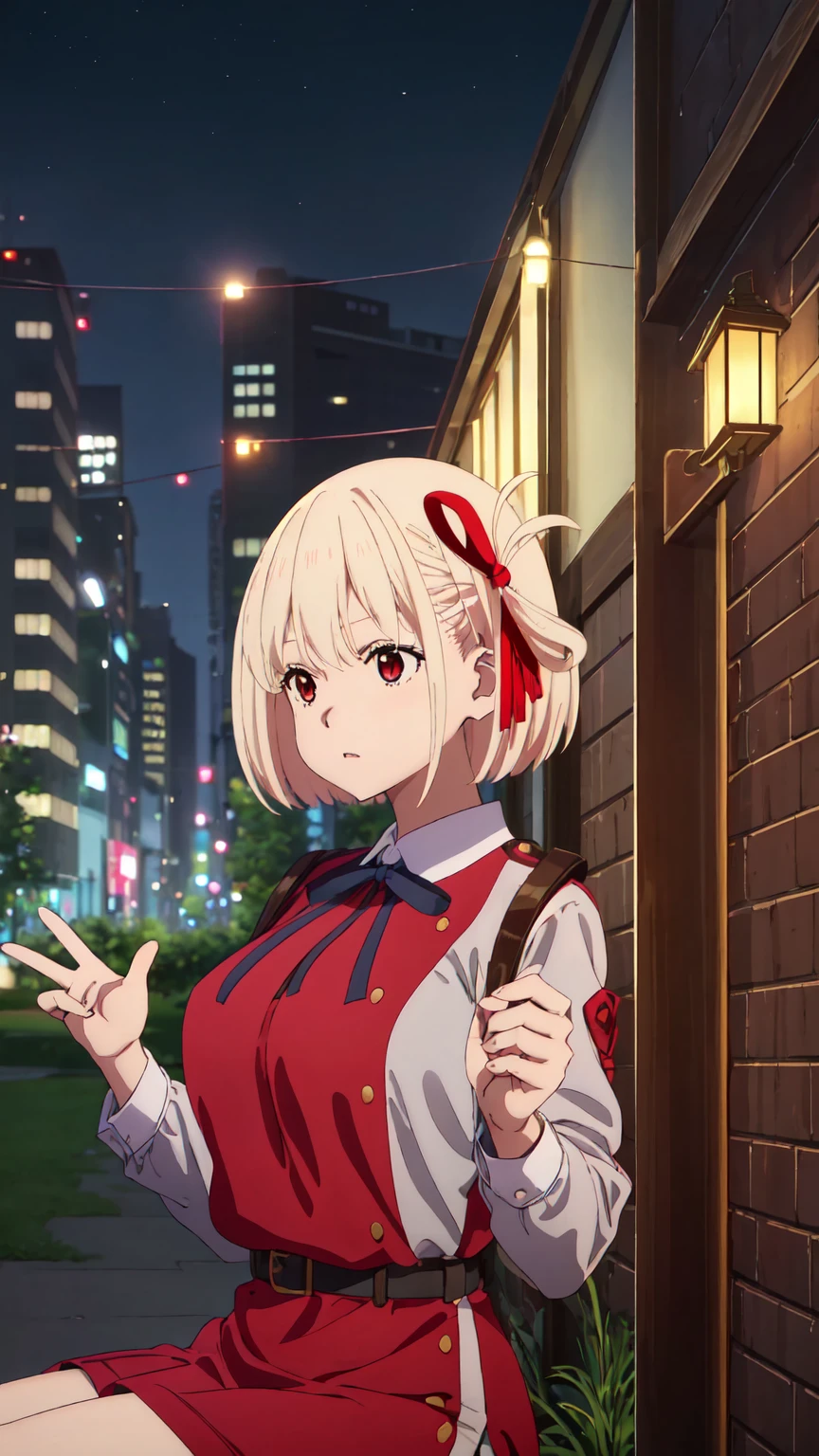 Best image quality、最high quality、high quality、City of night、Night view、city、city of tokyo、girl,Red dress、 1人のgirl, alone, short hair, Hair Ribbon, chest, Neck ribbon, Collared shirt, Uniform Wine, Two-tone micro mini dress, Red dress, Long sleeve, Red Belt, Raise your arms、big breasts、big 、魅力的なvalley、valley、Side bust、Side view、look、up close view、Sitting、Upper Body、Upper Bodyfoucus,Moonlight, Bokeh, Depth of written border, Blurred Background, Senzoku Nishikigi、Short blonde bob、good、goodヘア、braid one's hair、Red eyes、Red ribbon、city内、city、city of tokyo
