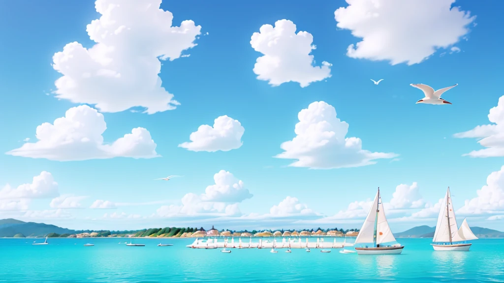 Many children are running，Blue sky，White Cloud，Sea，Sunlight，Beach，Seagull，A sailboat