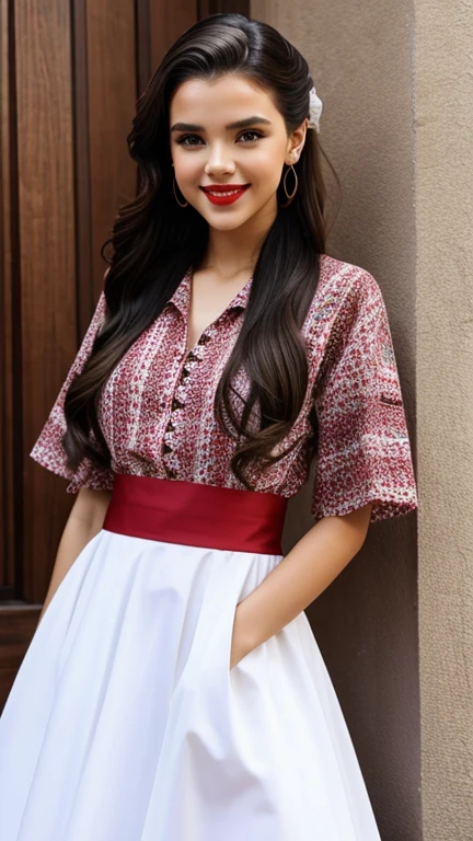 Lilimar Hernandez dressed in traditional North American clothing with painted lips and smiling