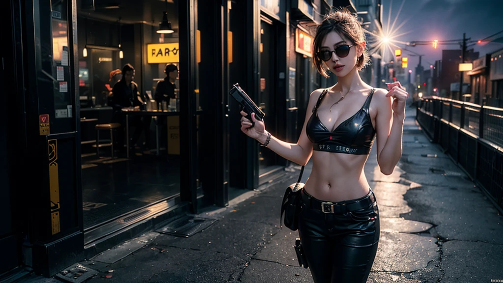 (masterpiece:1.1), hi-res, 4k, photorealistic, aerial view cyberpunk city, at dark night. (((((1girl, solo, alone))))), medium-breast:1.1 slim body, cleavage, sexy clothes, (headphone, black sunglasses), (((standing and holding pistol pose))), half-body thigh level medium shot, cinematic lighting, lens flare, ray tracing.