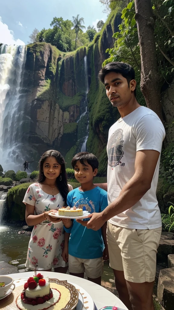 A man the name is Sagar his small sister architha, his small sister celebrating brother's birthday by cutting cake, the background is in the Nature full of waterfall, they warning teashirts print brother name is Sagar sister name is Architha, upon the cake write happy birthday Sagar 