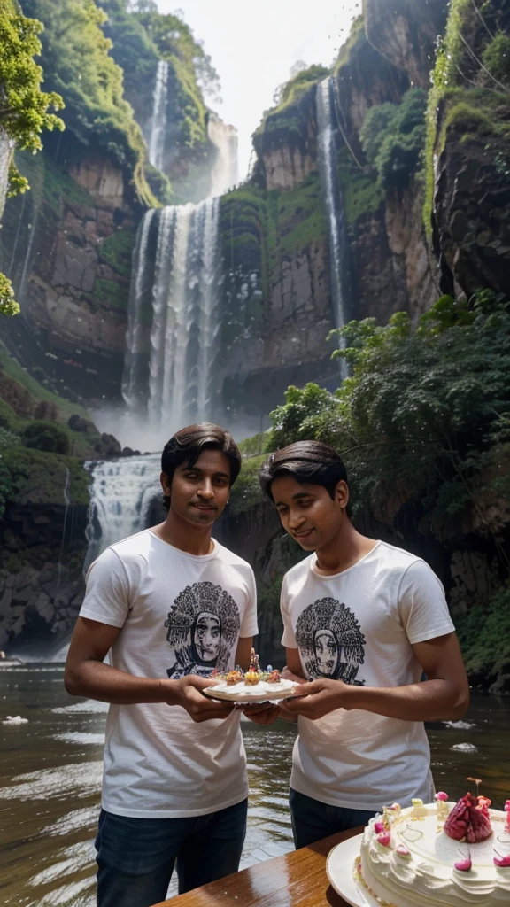 A man the name is Sagar his small sister architha, his small sister celebrating brother's birthday by cutting cake, the background is in the Nature full of waterfall, they warning teashirts print brother name is Sagar sister name is Architha, upon the cake write happy birthday Sagar