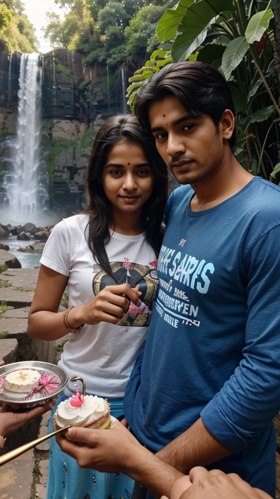 A man the name is Sagar his small sister architha, his small sister celebrating brother's birthday by cutting cake, the background is in the Nature full of waterfall, they warning teashirts print brother name is Sagar sister name is Architha, upon the cake write happy birthday Sagar