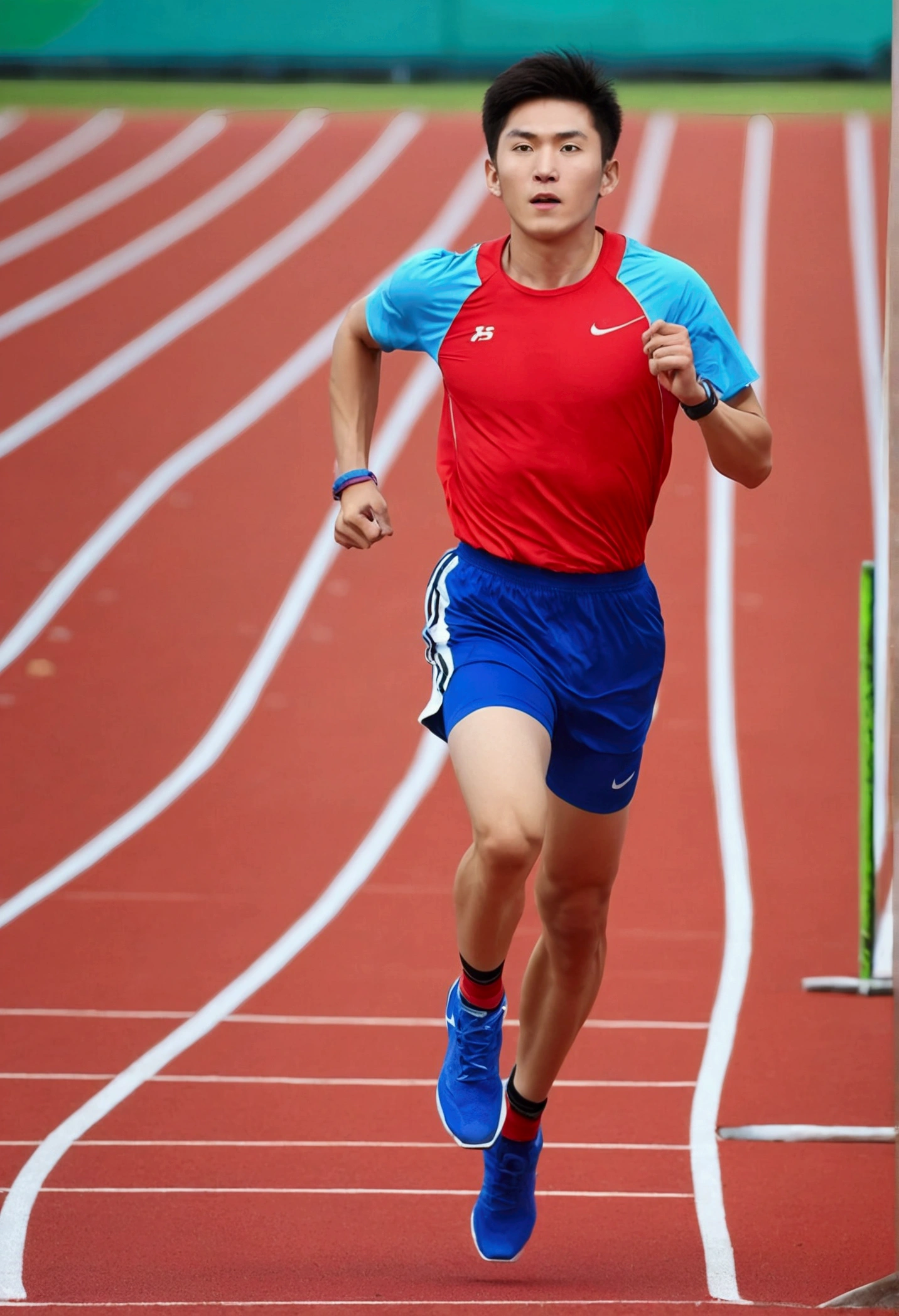 1 person, sock, sports shoes, Red shorts, Blue shirt, geometry, Art, beautiful, rich and colorful, masterpiece, Top quality, best quality, official Art, beautiful and aesthetic, running, running track, track and field, bloom, track, Race, Asia, whole body.