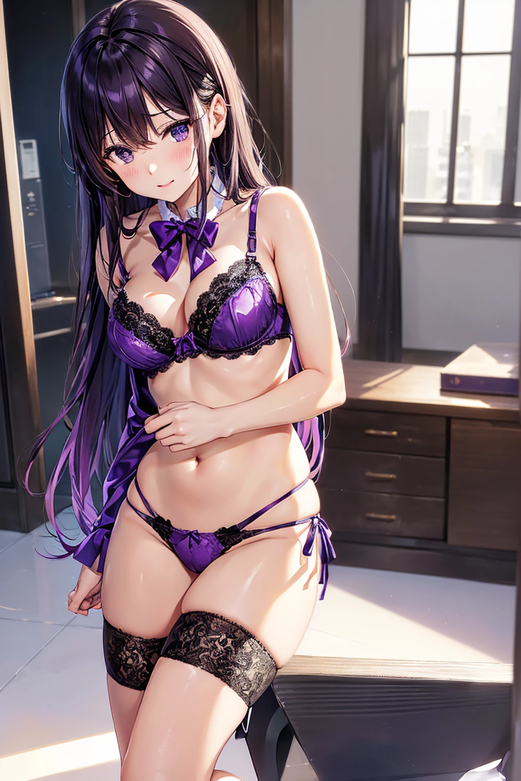 ((一人のWoman in underwearはセクシーに歩いている:1.5)), Beautiful Anime Women, Beautiful art style, Anime characters, ((Smooth texture, Realistic texture, Anime CG Style)), ((Highest quality)), (Very detailed), (Very detailed CG 統合 8k 壁紙), Very detailed, High-resolution RAW color photos, Professional photography, (Brown Hair, Stylish hairstyle:1.1), Great face and eyes, Beautiful and big breasts, Slender body, (Stunningly beautiful woman), (Detailed face:1.2), (Office corridor, There is a window in the hallway:1.4), (Many men in suits are walking in the background:1.5), ((Bow tie around neck:1.3), (Black high heels:1.1), (Sexy and cute purple underwear:1.3), (Stylish shiny purple satin panties, Side-tie panties, The panties are plain purple in the center with lace decoration on the sides.:1.3), (Thin panties:1.3), (Purple micro lace satin bra, Purple bra with lace trim, Thin bra:1.3), (lace garter belt, Garter Strings, Knee socks:1.3):1.3), (naked, Woman in underwear, 女性はブラとパンティとKnee socksとガーターベルトだけを着用:1.5), Exact number of arms, Exact number of legs, Perfect Anatomy, (Embarrassed expression, Surprised expression), Angle from the front, Exact finger count、Exact number of legs、(Exact number of arms:1.0, Exact number of hands:1.0), (Perfect hands, Perfect Anatomy)