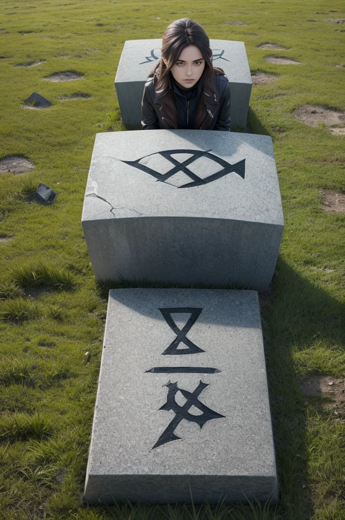 make a tombstone, on it there are some runes drawn, she is in an empty field, there&#39;s a gray sky about to rain, In the sky there is a green Aurora Borealis
