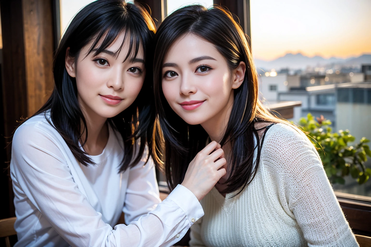 ((Highest quality、、masterpiece:1.3))、1 male、1 female,44 years old 39 years old、Shine the light on my face、Slim Beauty、Beautiful couple、Upper Body、smile、 (Slim face), (the body is スリム), (Brown Hair), (Shortcuts), テーブルのフルコースディナーとwine glass、Amazing view of the sunset sky and clouds、smileの美しさ、Wine bottle、sparkling wine、Long sleeve shirt、dress、White wine, red wine, wine glass, Beautiful fine grain, Depth f/2,saturation, High Contrast, Strong light and shadow,Moist Body:1.5、 texture、The hair is very shiny、