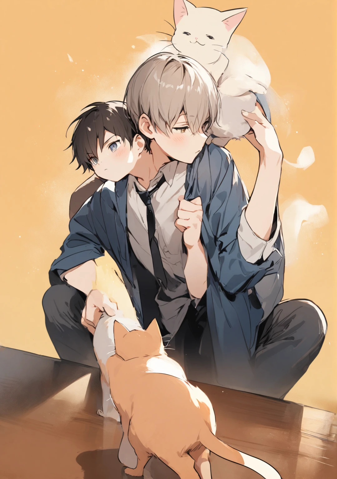 big cat and young boy, he is panting the cat as model, different pose and angle