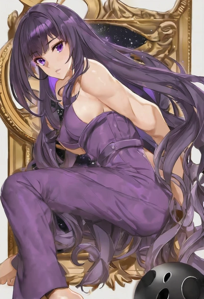 Athena，Purple one-way slightly messy long hair，Purple Eyes，Purple jumpsuit，But the jumpsuit is sexy，Wearing a sexy purple trench coat，barefoot，A black hole in the universe，Purple and black black hole，Draw a good look，Normal body proportions