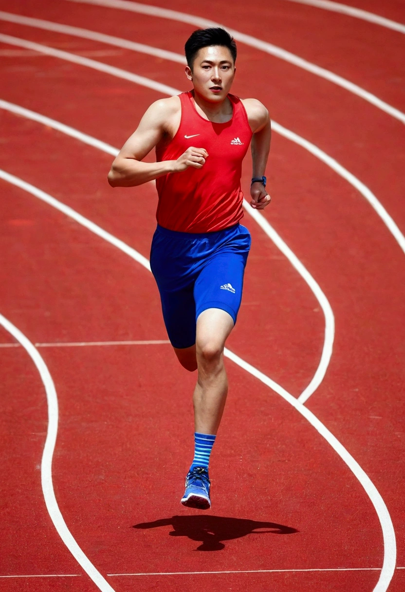 Multiplayer,sock, sports shoes, Red shorts, Blue shirt, geometry, Art, beautiful, rich and colorful, masterpiece, Top quality, best quality, official Art, beautiful and aesthetic, running, running track, track and field, bloom, track, Race, Asia, whole body.