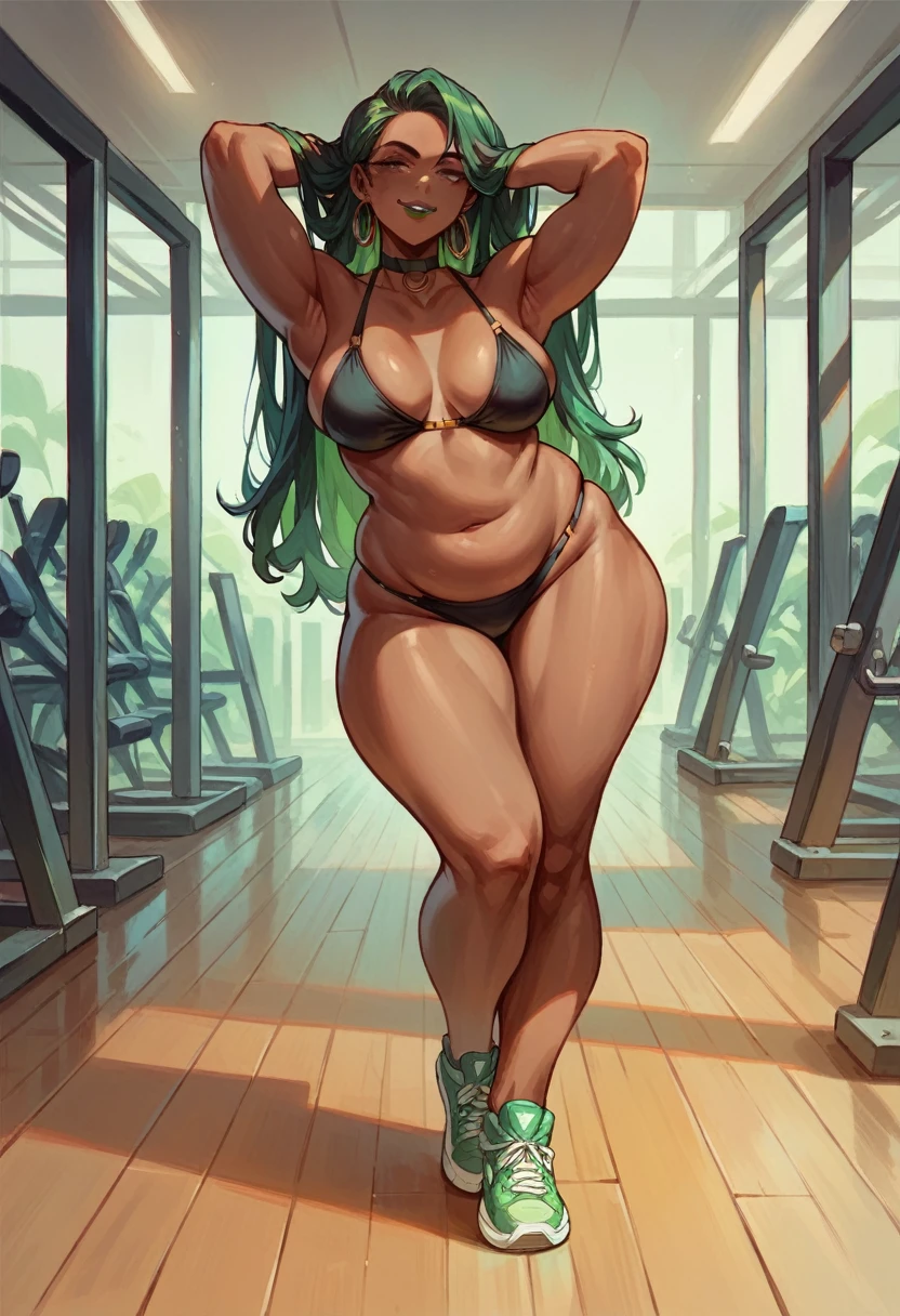 ((best quality)), ((8k)) beautiful woman, ((african skin)), green hair, long hair, black bikini, posing, sensual ((beach)) gym, green lipstick, black choker, perveted smile, full body, nsfw, chubby
