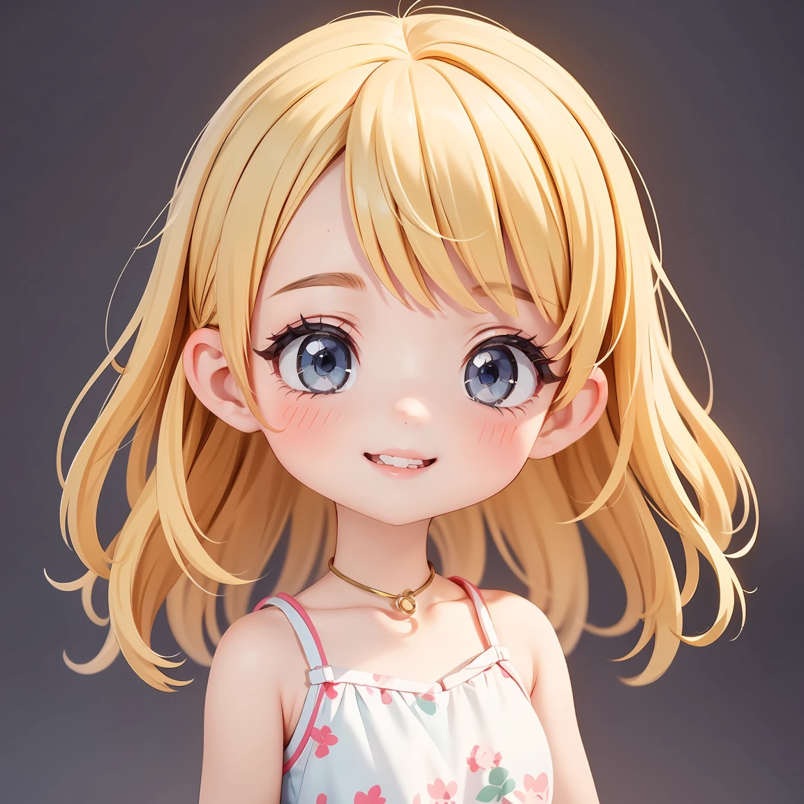 Super Chibi Character:1.8、wearing cute sandals、background:Simple all over、Blonde Hair、Cute 7 year old girl、Random cute outfits、Here you go pose:1.8、Super Happy Smile:1.8