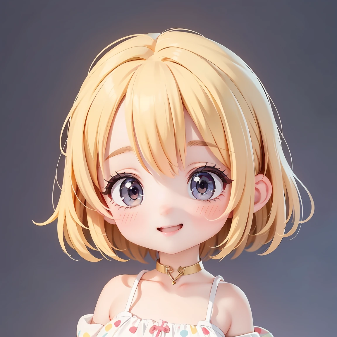  Super Chibi Character：1.8、wearing cute sandals、background：Simple all over、Blonde Hair、Cute 7  girl、Random cute outfits、Here you go pose：1.8、Super Happy Smile：1.8