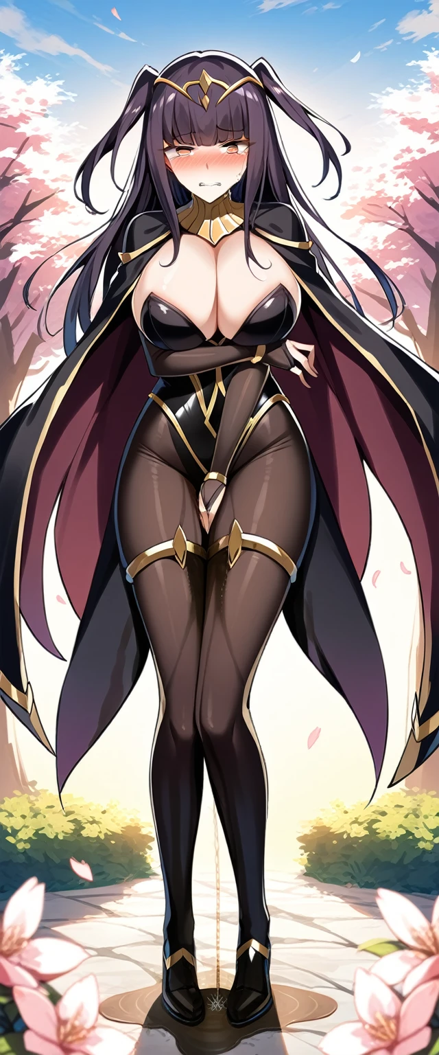 (masterpiece:1.37), best quality, (extremely detailed:1.37), (1girl:1.5), woman, (mature:1.5), (adult:1.5), Tharja \(Fire Emblem}\, two side up, tiara, cape, bodystocking, bodysuit, cleavage, bridal gauntlets, pelvic curtain, large breasts (extremely detailed eyes:1.37), (wetting self:2.0), desperation, standing, embarrassed, humiliation, blushing, angry, cherry blossoms, garden, (golden hour:1.5), full body