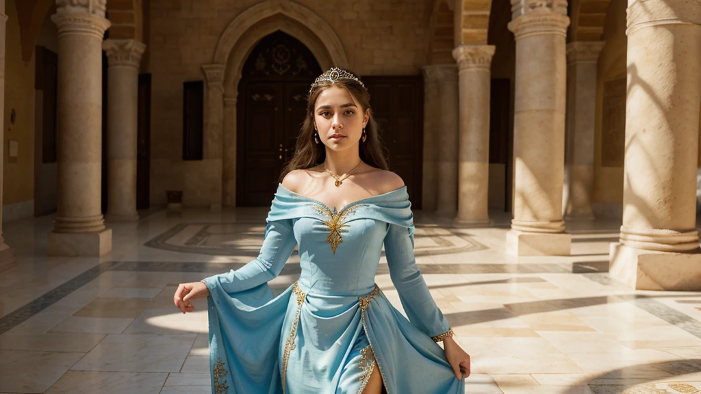 Uma princesa de 20 anos na época Mediovale, princesa Mediovale branca,Caucasian female, Long light blue detailed dress, Rich golden jewelry, Detailed white of green eyes, dark hair, Reino Mediovale , located in a desert, Mediovale, kingdom of Dorne from Game of thrones (TV series), reino Mediovale,high détail, sharp focus, dramatic, Alcazar Palace in Seville,