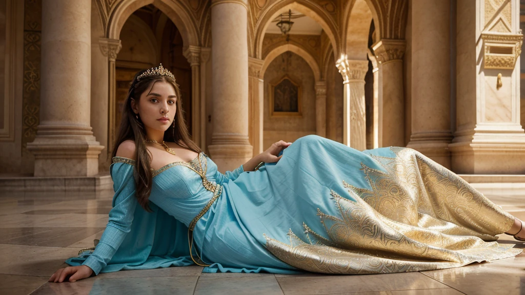 Uma princesa de 20 anos na época Mediovale, princesa Mediovale branca,Caucasian female, Long light blue detailed dress, Rich golden jewelry, Detailed white of green eyes, dark hair, Reino Mediovale , located in a desert, Mediovale, kingdom of Dorne from Game of thrones (TV series), reino Mediovale,high détail, sharp focus, dramatic, Alcazar Palace in Seville,