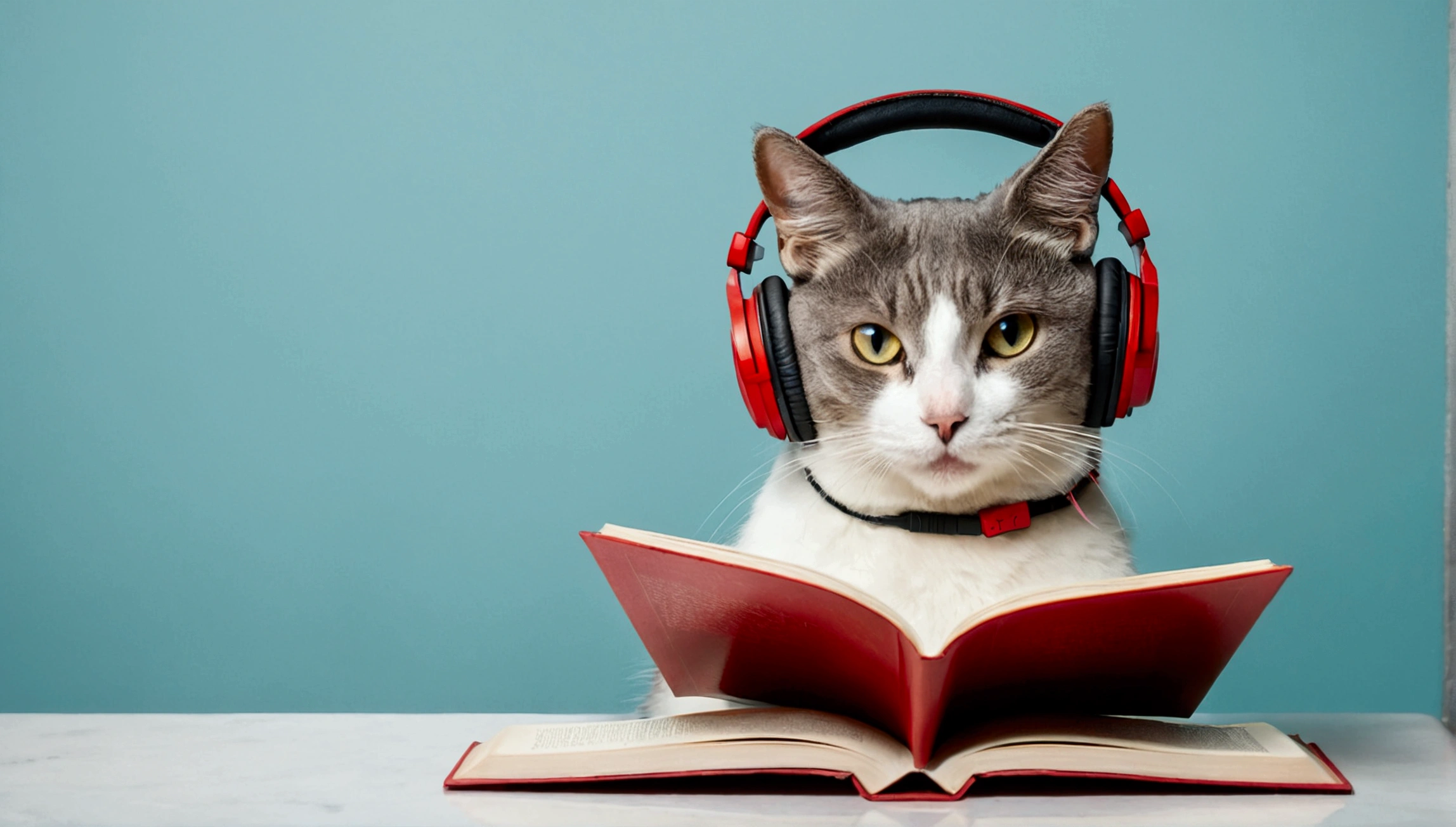 Cat reading a book with headphones on, simple