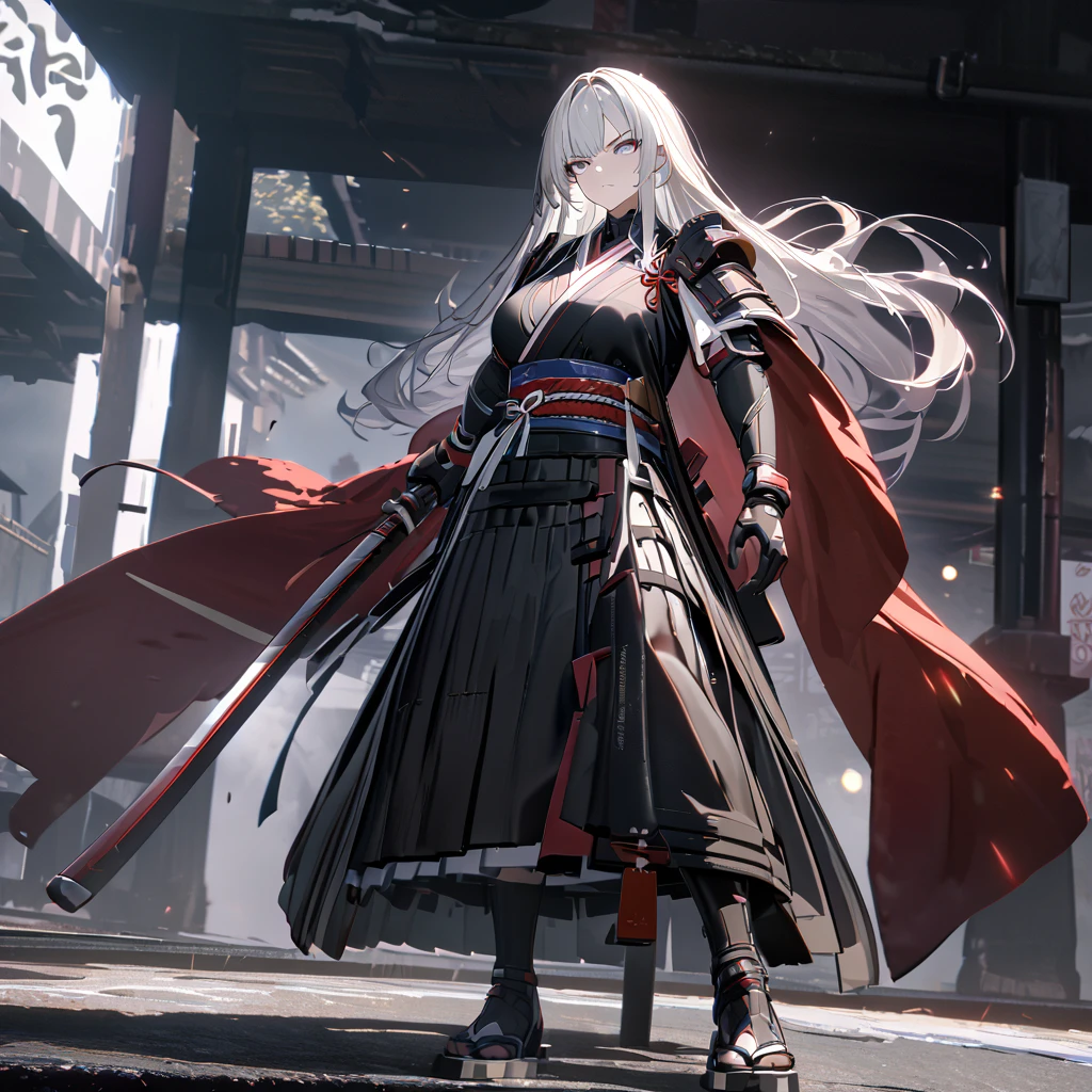 A woman wearing a black samurai kimono with white details, samurai shoulder pads, holding a red odachi, odachi without sheath, standing, white hair, long hair, red and blue eyes, multicolored eyes, serious face, big breast, on a concrete platform, scene in Japanese aesthetics,,UHD , prime work , accurate , anatomically correct , textured skin , super details , high quality , best quality, 8k, high resolution, bokeh effect. (woman alone), close view.
