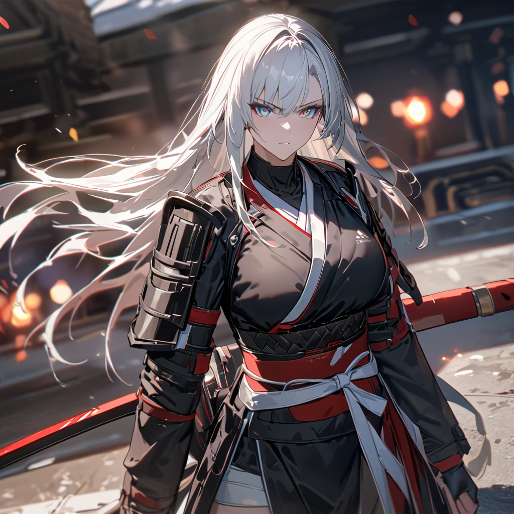 A woman wearing a black samurai kimono with white details, samurai shoulder pads, holding a red odachi, odachi without sheath, standing, white hair, long hair, red and blue eyes, multicolored eyes, serious face, big breast, on a concrete platform, scene in Japanese aesthetics,,UHD , prime work , accurate , anatomically correct , textured skin , super details , high quality , best quality, 8k, high resolution, bokeh effect. (woman alone), close view.
