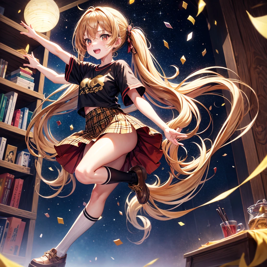 Brown and gold hair、Red gold eyes、Hair tied up、One good looking girl、solo、anime、Checkered mini skirt、T-Shirts、Black knee-high socks、Teeth are visible、Starry Sky、Midnight Moon、Confetti、Bookshelf、spiral stage