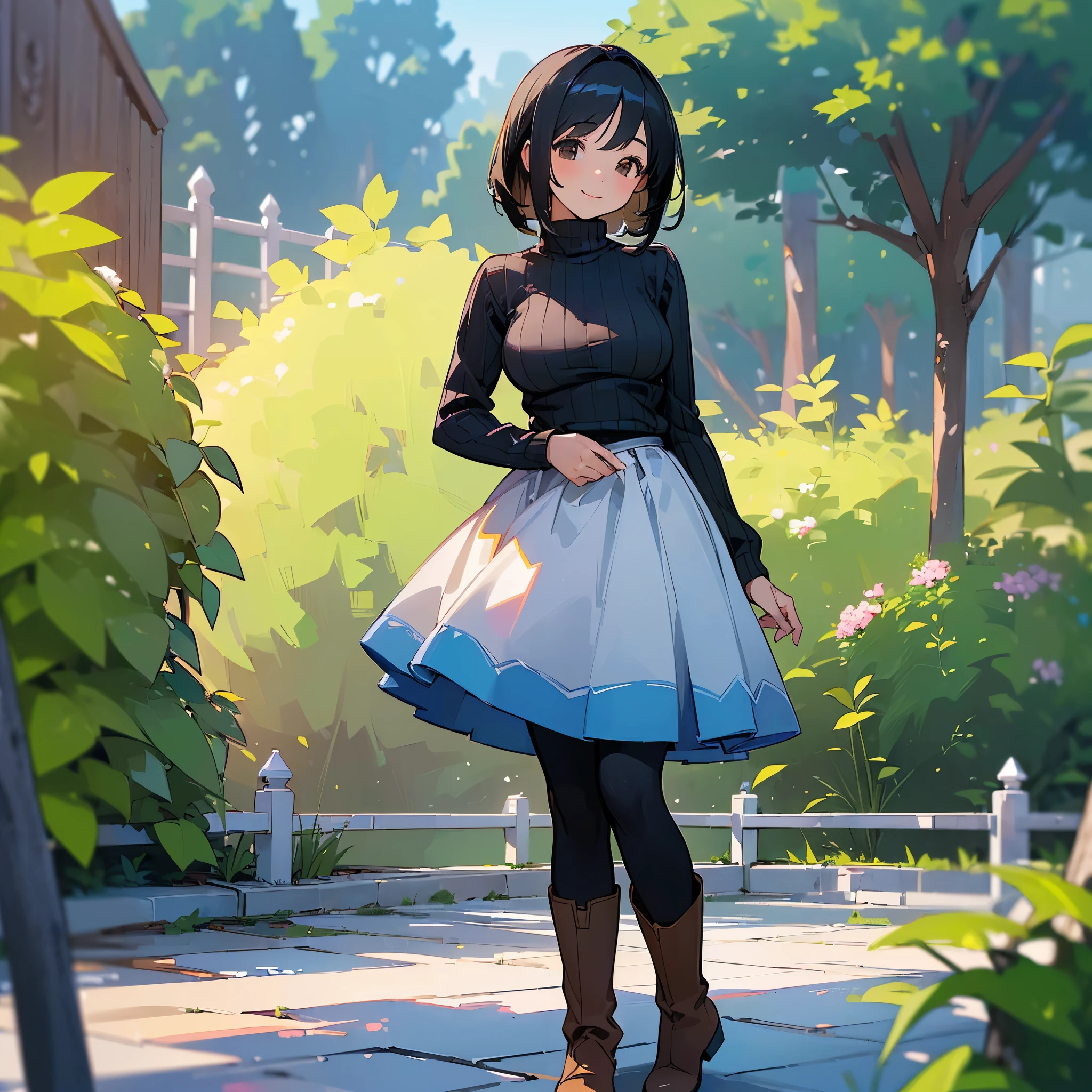 (high quality, High resolution, Very detailed, reality:1.37), Peaceful atmosphere, (Outdoor, garden), age girl standing alone, (my breasts are big.), Beautiful details, Cute Smile, (Black bob hair), Ribbed sweater, Blue Skirt, Black tights, Brown boots.