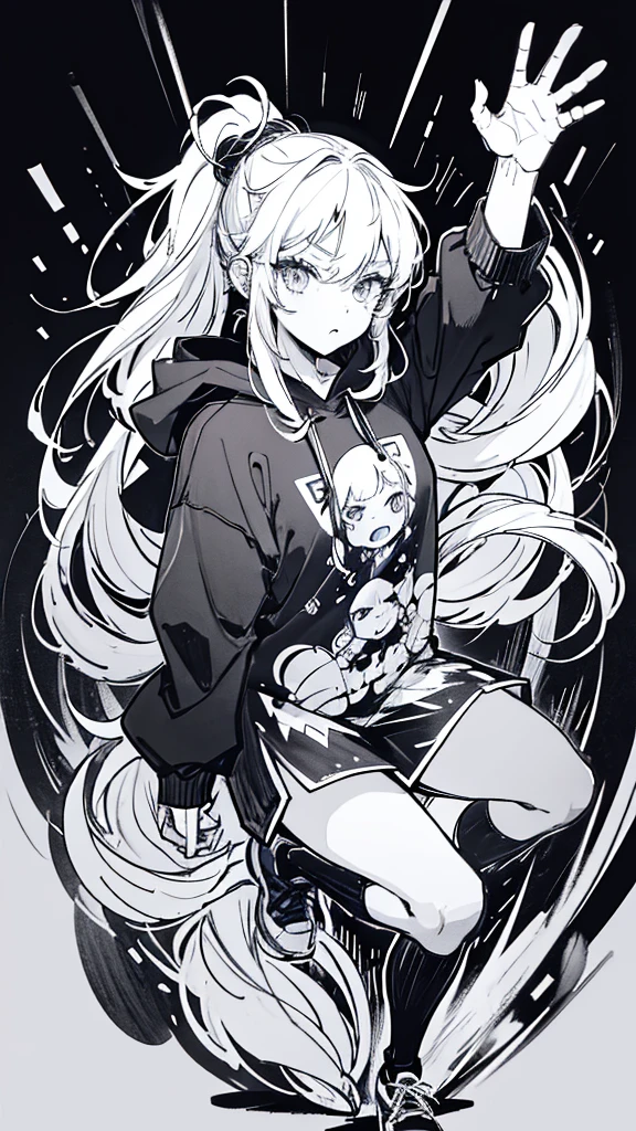 Scratch Art、girl、Oversized hoodie、Fighting Pose, long hair, ponytail, tsurime, eyeball, skin fang, UHD, best quality, highres, 8k