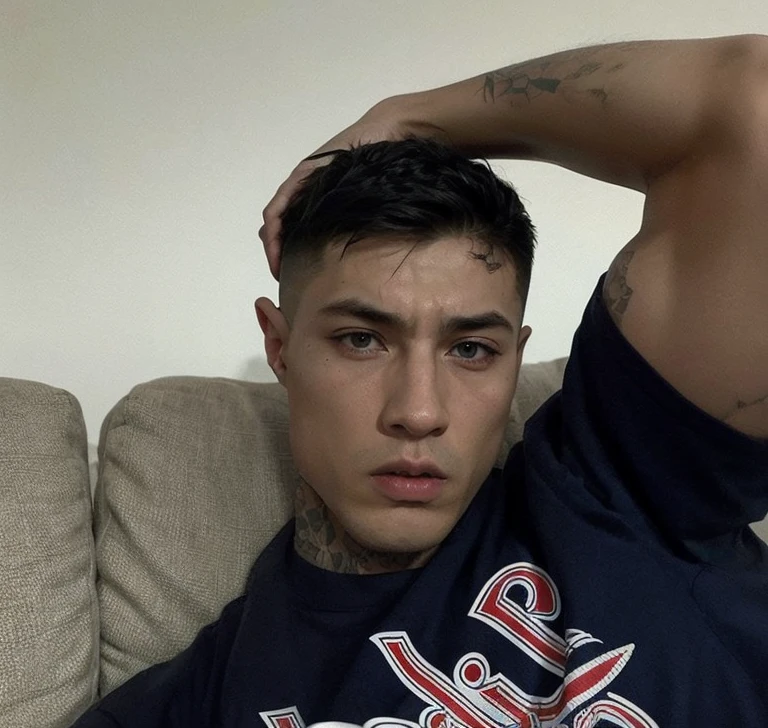 russian military, offwhite, tattooed and with an angry face 