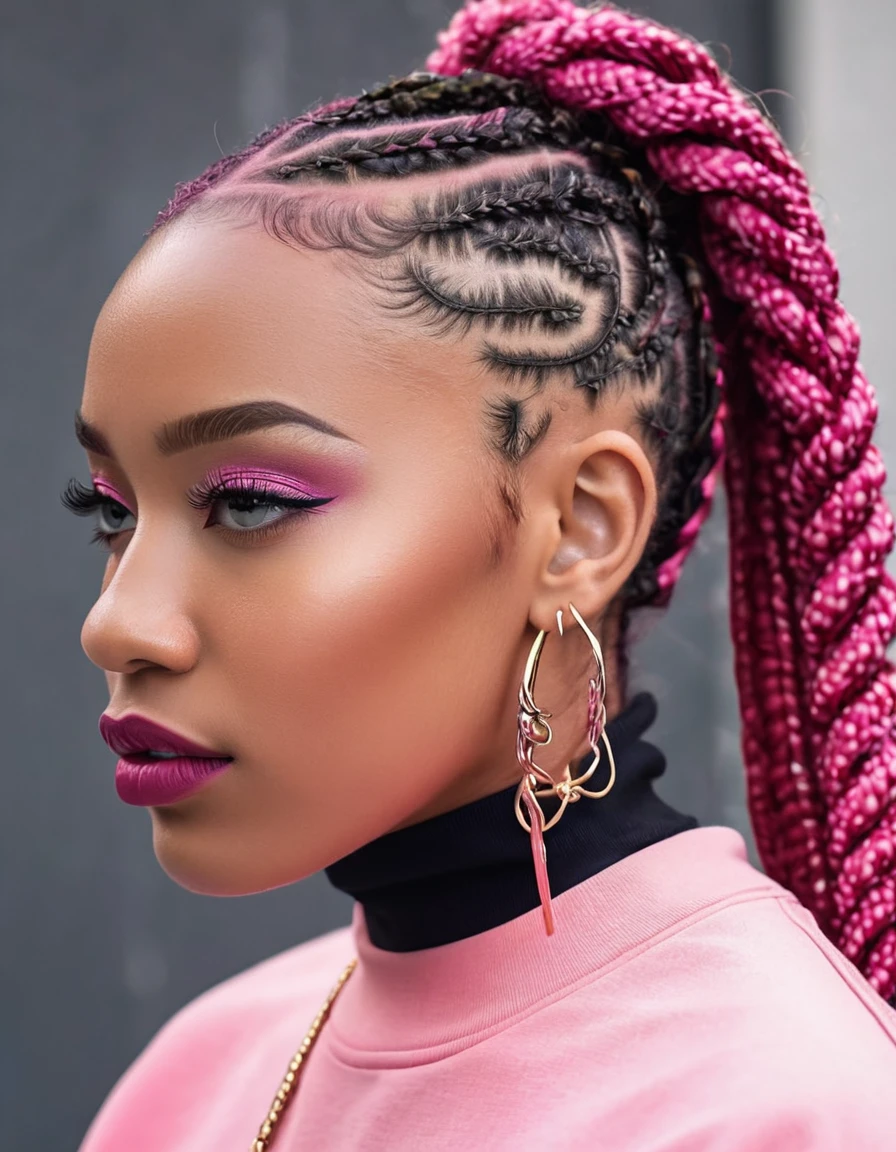 a close up of a person with a pink sweatshirt and a pink sweatshirt, a picture by Dr. Atl, trending on dribble, afrofuturism, red intricate long braids, complex design hair, unique hair designs, cornrows, mixed styles, cornrows braids, red braided hair, elegant fantasy style braids, long cornrows, detailed hair, intricate!!!!! professional