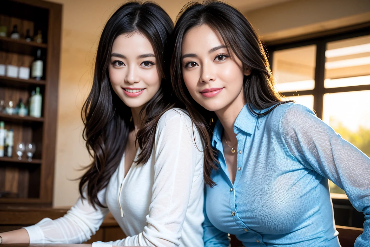((Highest quality、、masterpiece:1.3))、1 male、1 female,44 years old 39 years old、Shine the light on my face、Slim Beauty、Beautiful couple、Upper Body、smile、 (Slim face), (the body is スリム), (Brown Hair), (Shortcuts), テーブルのフルコースディナーとwine glass、Amazing view of the sunset sky and clouds、smileの美しさ、Wine bottle、sparkling wine、Long sleeve shirt、dress、White wine, red wine, wine glass, Beautiful fine grain, Depth f/2,saturation, High Contrast, Strong light and shadow,Moist Body:1.5、 texture、The hair is very shiny、