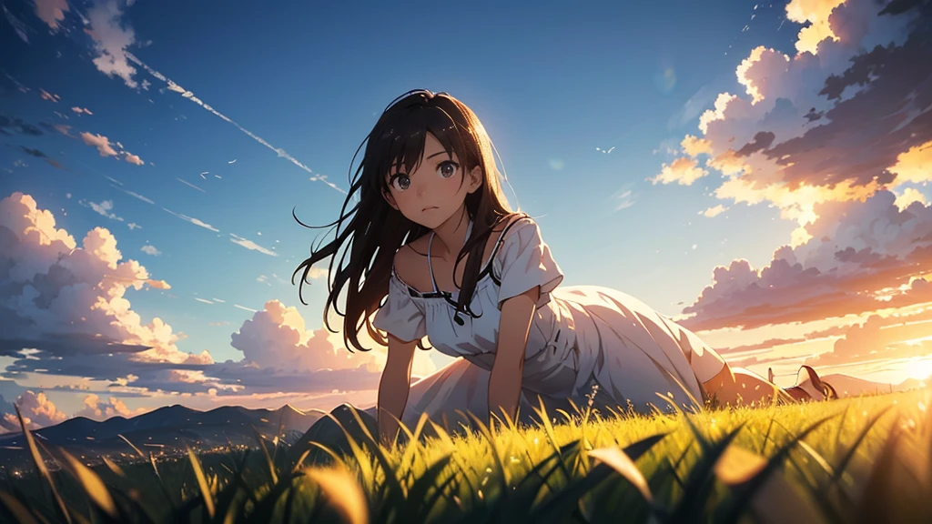Vast landscape photography、grassland、(View from below、Shows the sky above and below)、High resolution、Highest quality、Very detailed、makoto shinkai、sunset、Girl in white dress looking sideways、College student with long brown hair、Lens blur、Created exquisite illustrations reminiscent of Makoto Shinkai's style, 非常に細かいディテールとHighest qualityを備えています. Cityscape at dusk,I will create high quality illustrations of two beautiful adult women.。. The overall composition should evoke a sense of nostalgia and fantasy., Intricate details that capture the essence of a moment. Notice elements like the warm glow of the setting sun casting long shadows over the city, And the calm expressions of the two women looking at the view. The beauty of the sunset and the woman's serene contemplation come together in harmony.、Striving for a finely crafted work of art, Create a nostalgic and dreamy atmosphere. Highest quality, masterpiece