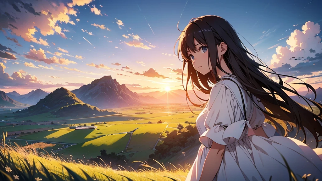 Vast landscape photography、grassland、(View from below、Shows the sky above and below)、High resolution、Highest quality、Very detailed、makoto shinkai、sunset、Girl in white dress looking sideways、College student with long brown hair、Lens blur、Created exquisite illustrations reminiscent of Makoto Shinkai&#39;s style, 非常に細かいディテールとHighest qualityを備えています. Cityscape at dusk,I will create high quality illustrations of two beautiful adult women.。. The overall composition should evoke a sense of nostalgia and fantasy., Intricate details that capture the essence of a moment. Notice elements like the warm glow of the setting sun casting long shadows over the city, And the calm expressions of the two women looking at the view. The beauty of the sunset and the woman&#39;s serene contemplation come together in harmony.、Striving for a finely crafted work of art, Create a nostalgic and dreamy atmosphere. Highest quality, masterpiece