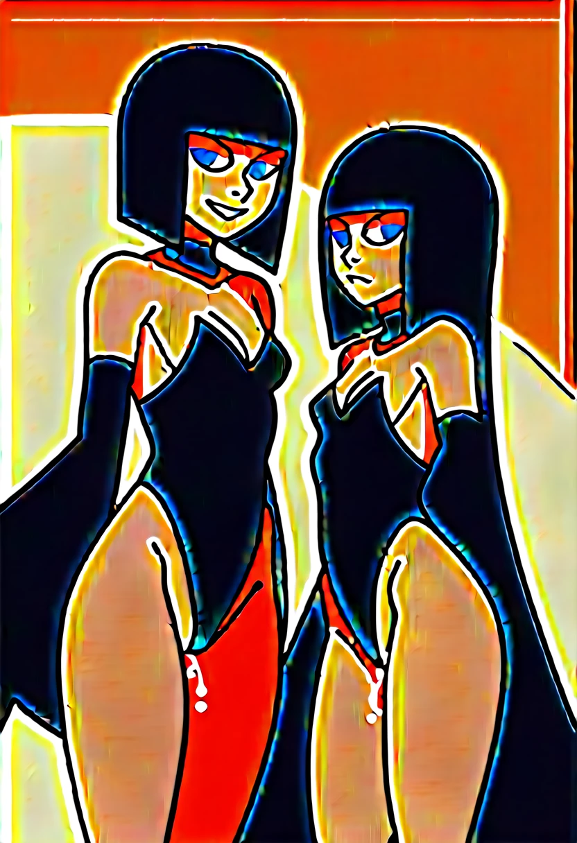 NSFW,Villain, 200 Year Old Witch, Long black hair, The magic in her hands shines,,Purple Eyes,leotard,Gothic ta,Small breasts,Crotch crack,Bad smile,Put your hand on the opponent's crotch,pussy juice,A pair of women,Face to face,Bridge of Saliva,