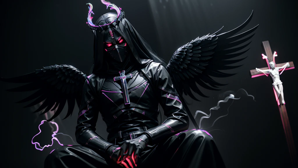 long shot, full body of mask assassin seating on a thrown, eyes glowing red, wearing a halo crown and wearing black and white clothes, crucifix cross with wings in the background, high detail, wide shot, 4K, 3D, REALISTIC, (iridescent glow smoke), UHD, 32K, very bold neon colors, black light, neon light